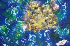 Detail of The Golden Isle, Encaustic saeta and shellac technique & real mussels on wood, MDF (medium density fiberboard), 20x20
