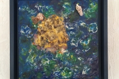 The Golden Isle, Encaustic saeta and shellac technique & real mussels on wood, MDF (medium density fiberboard), 20x20